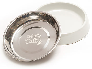 Light grey cat feeder with removable stainless steel bowl.  Dishwasher safe.  
