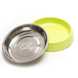 Green cat bowl with dishwasher safe removable stainless steel bowl. 