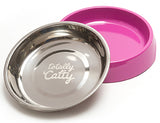 Purple cat bowl with removable stainless steel bowl.  All dishwasher safe. 
