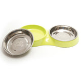 Green double cat feeder with removable stainless steel bowls.  Easy to clean and dishwasher safe. 