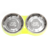 Bright green double cat feeder.  Space saving design with two bowls side by side. 