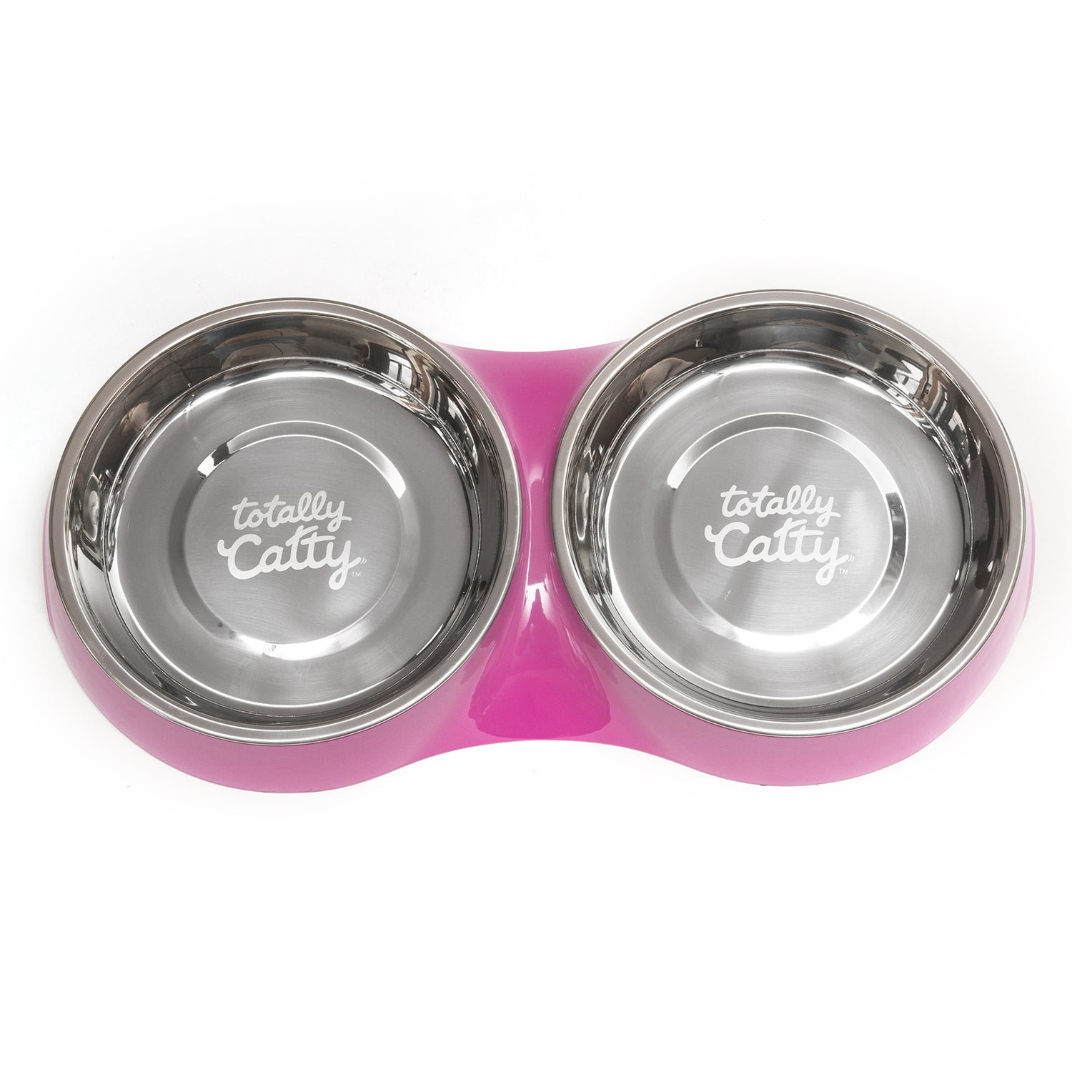 Purple double cat feeder.  Wide saucer bowls to reduce whisker fatigue.  