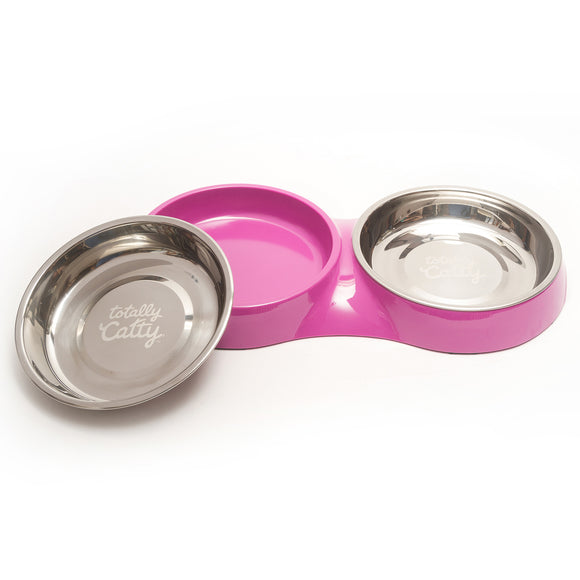 Purple double cat diner with removable stainless steel bowls. 