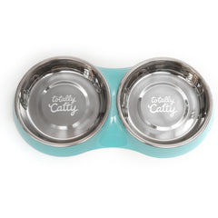 Teal double cat bowl.  Non slip design.  Dishwasher safe. 