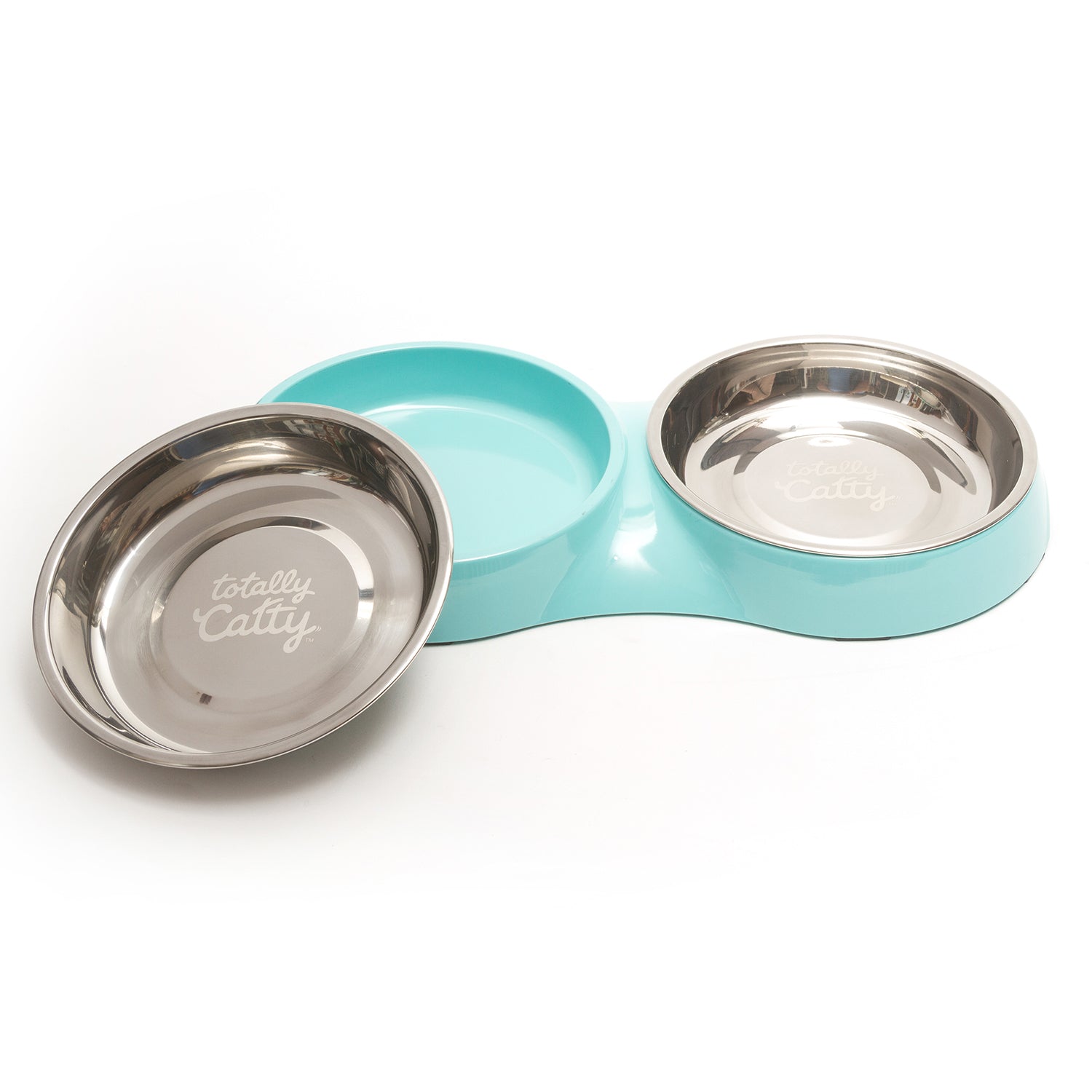 Teal cat feeder with removable dishwasher safe bowls. Saucer bowls to reduce whisker irritation. 
