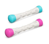 Blue and Pink with grey dog toy sticks.  Promotes interactive playing. 