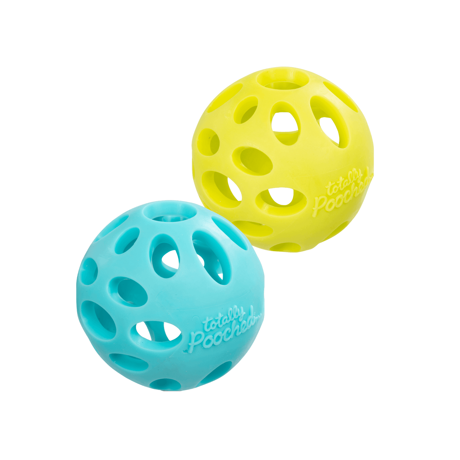 Blue and green dog toy balls.  Fits most standard ball throwers.