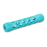 Blue stick dog toy with holes throughout to promote easy breathing while playing.  It floats.  10 inches long. 
