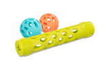 Teal and Orange dog balls with. green stick for chasing and playing.  Easy to breathe design for prolonged play.
