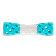 Teal dog toy with holes in the end for easy breathing. 