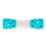 Teal dog toy with holes in the end for easy breathing. 