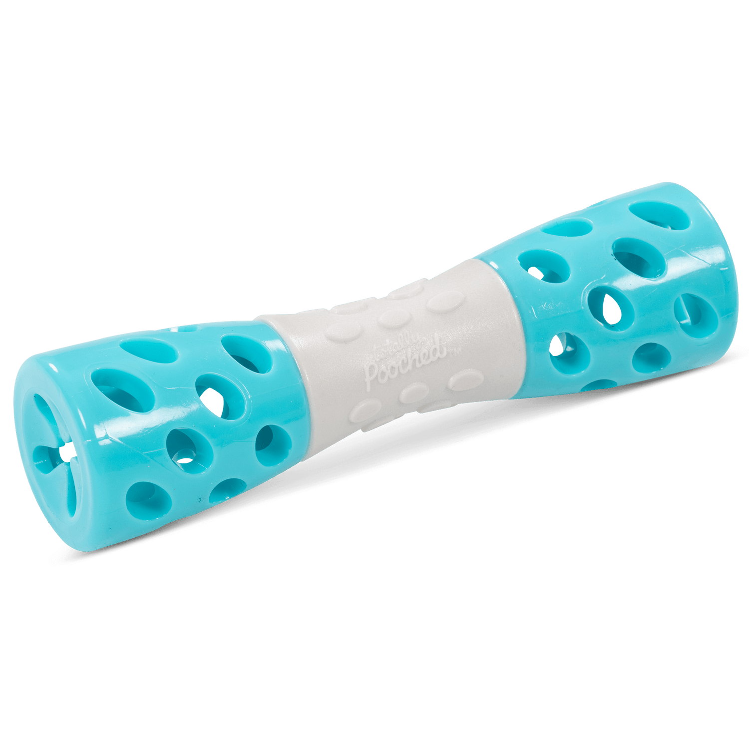 Teal and grey dog toy with integrated squeaker to excite your dog. 