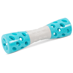 Teal and grey dog toy with integrated squeaker to excite your dog. 