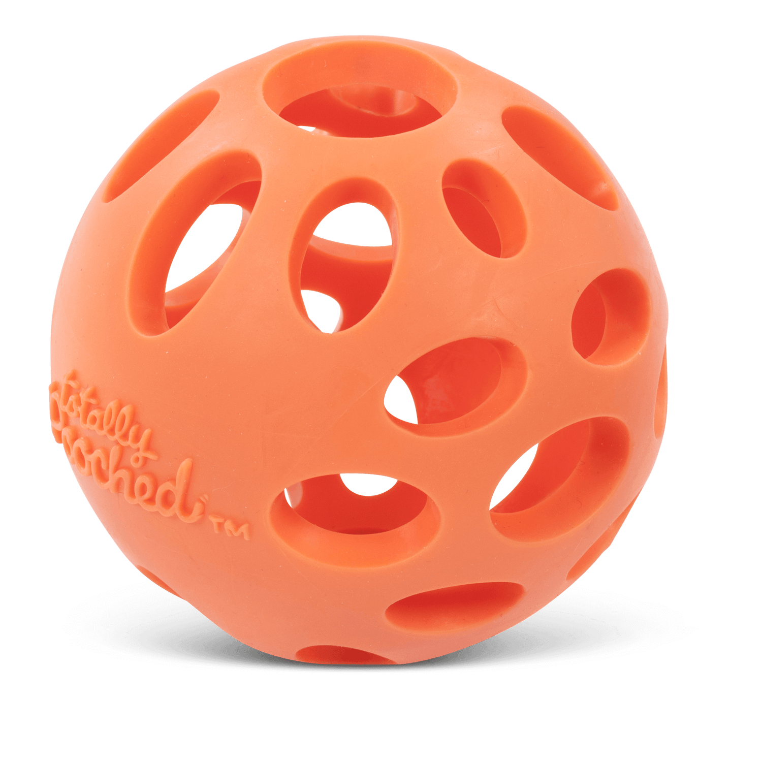 Orange dog ball. Designed to allow for easy breathing when the dogs play.  