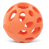Orange dog ball. Designed to allow for easy breathing when the dogs play.  