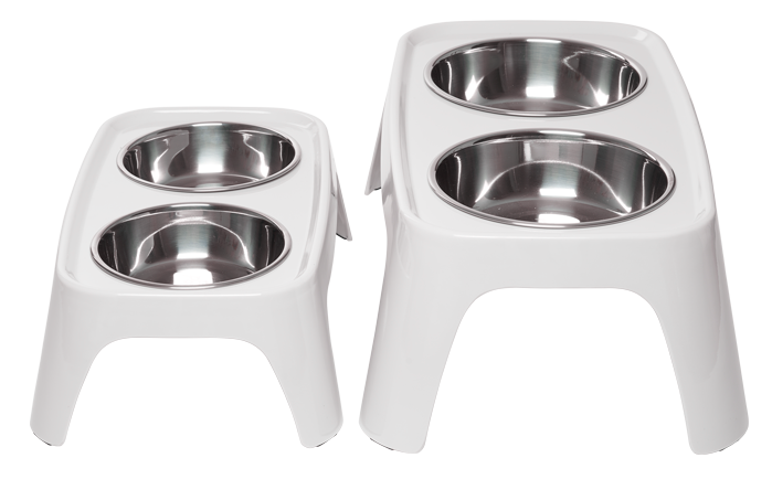 Side view of elevated dog bowls. 