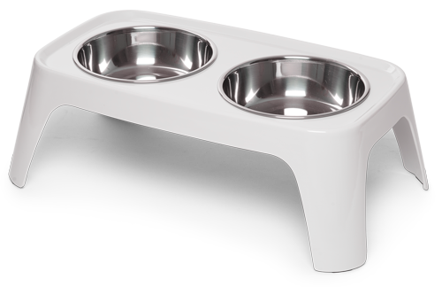 Raised double dog bowl. Dishwasher safe.  Promotes better digestions or taller dogs. 