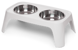 Raised double dog bowl. Dishwasher safe.  Promotes better digestions or taller dogs. 