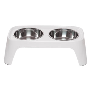 Medium size elevated dog feeder.  Light grey with removable stainless steel bowls.