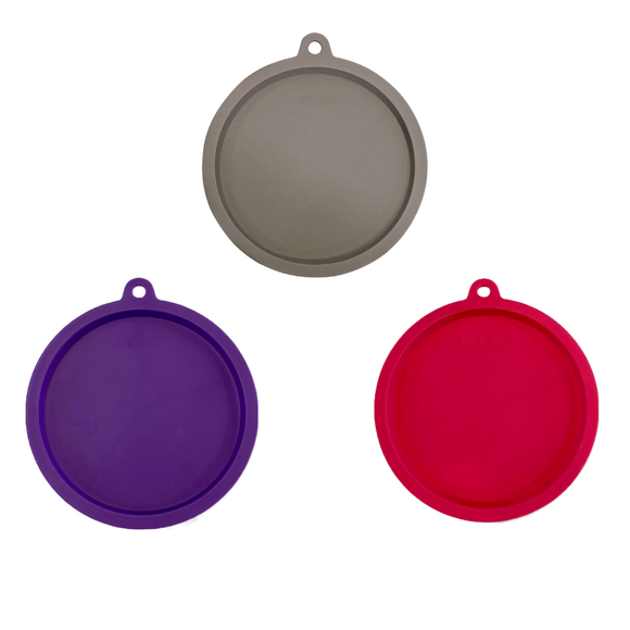 Red, Grey and Purple air tight cat bowl covers.  Lists are sppill resistant and great for storing uneaten food. 
