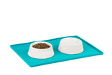 Large blue dog bowl mat helps protect your floor and contains the spills.
