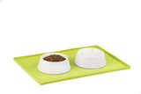 Green dog bowl mat fits two bowls with ease. 