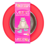 Red cat food bowl.  Designed to reduce whisker fatigue and irritation. 