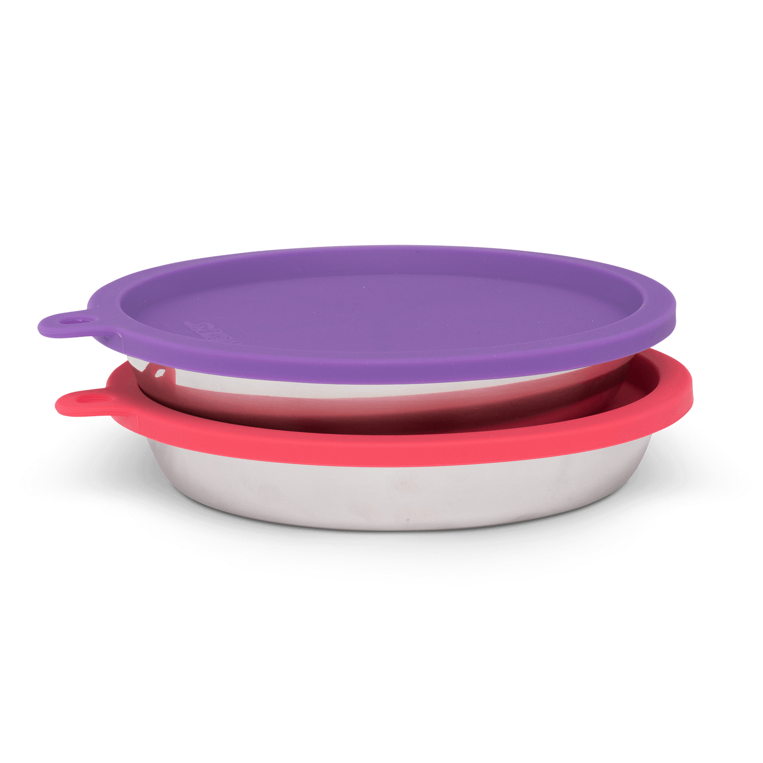 2 piece cat bowl set with lids.  Ideal for cat food storage or food preparation.  Stainless steel bowls and sillicone lids.  Lid colours are purple and watermelon.