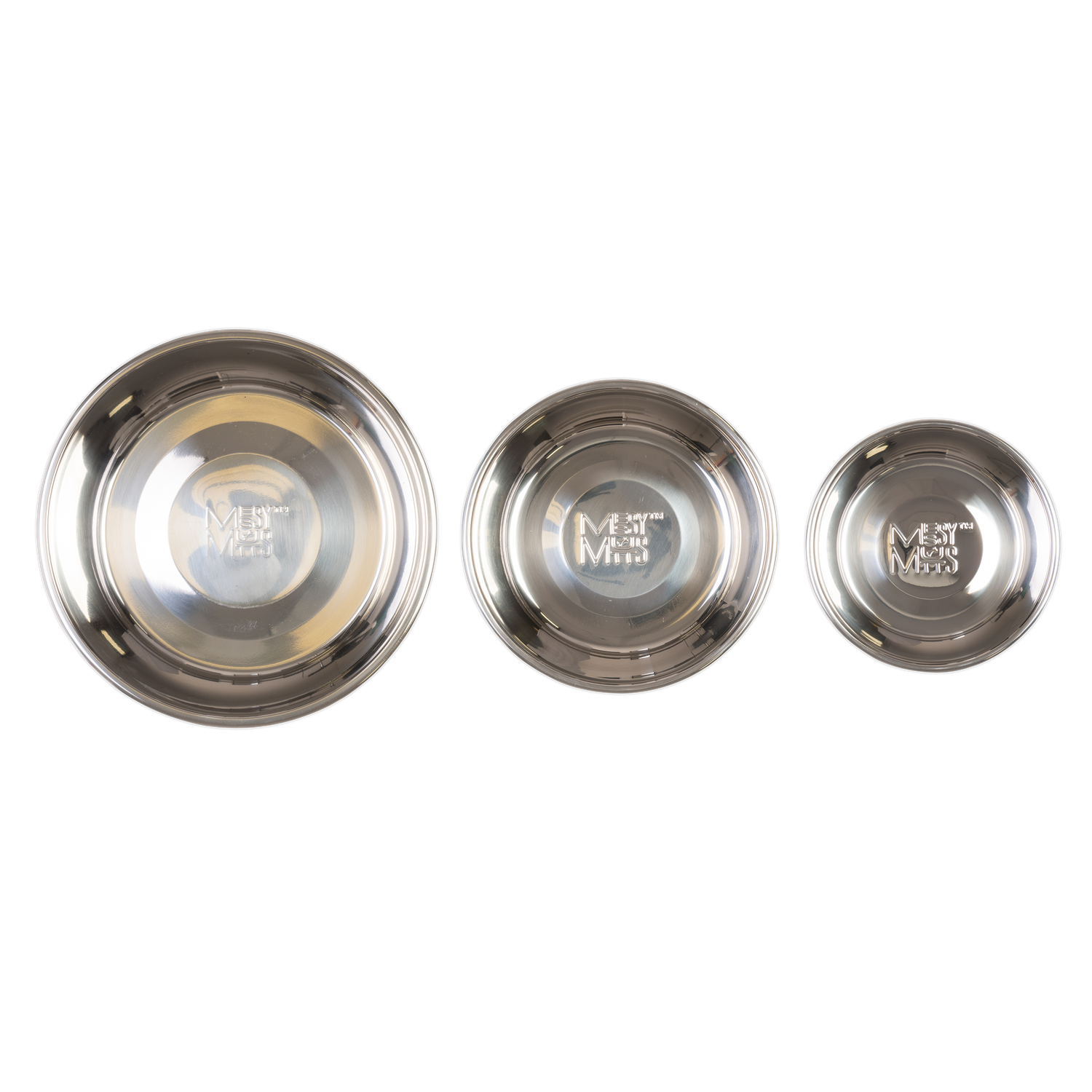 1.5 cup, 3 cup, 6 cup replacement stainless steel dog bowls.  Dishwasher safe. 