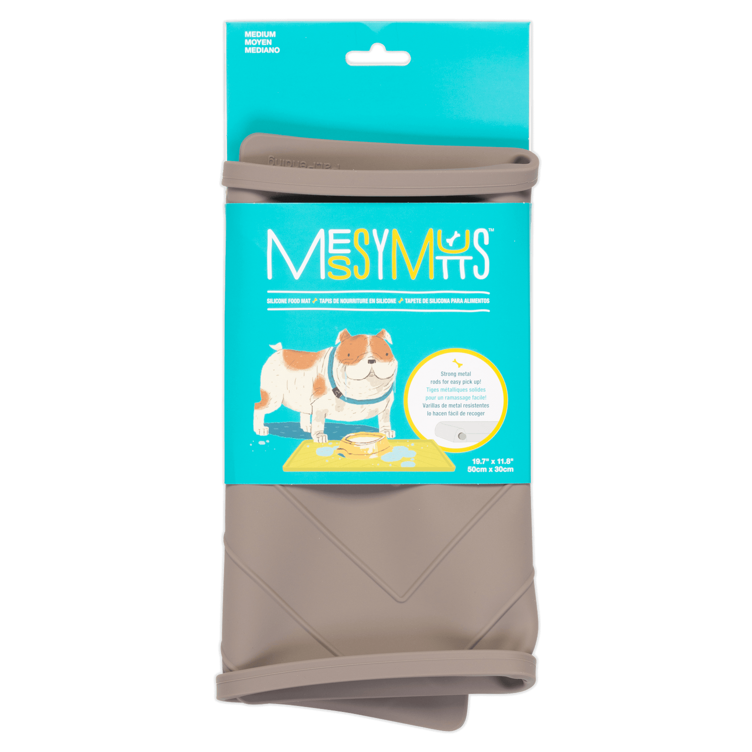 Grey pet food mat that folds for easy storage. 