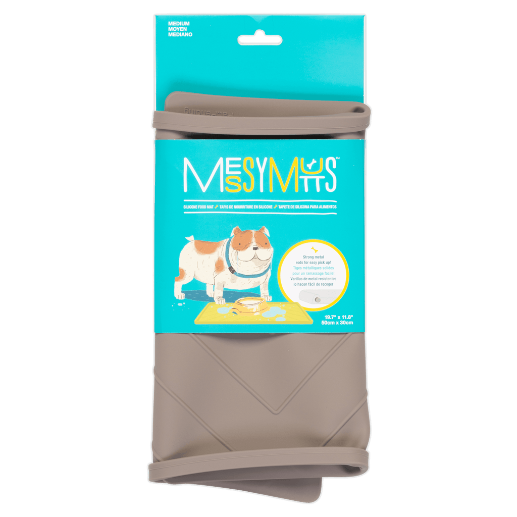 Grey pet food mat that folds for easy storage. 