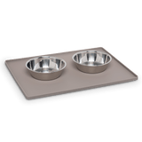 Dog or cat bowl mat holds two bowls wiht east.  Protects your floors. Ideal for cats that drop their food.  