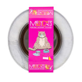 Marble like silicone with removable stainless steel cat bowl.  Wide 1.75 cup bowl to reduce whisker fatigue.
