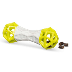 Light weight and green chew resistant dog toy.  Stuff it with treats and watch  your dog get engaged.  