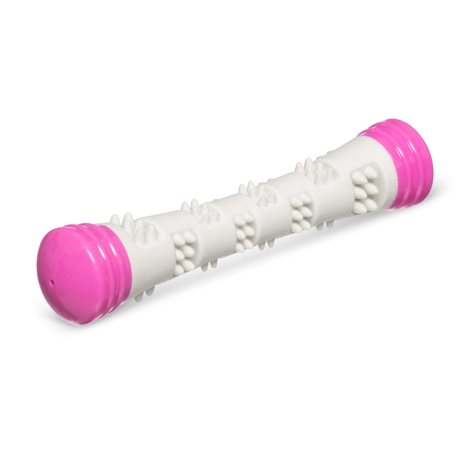 Durable small stick dog toy.  8.5 inches.  great squeakers and bristles for teeth cleaning. 