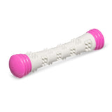 Durable small stick dog toy.  8.5 inches.  great squeakers and bristles for teeth cleaning. 