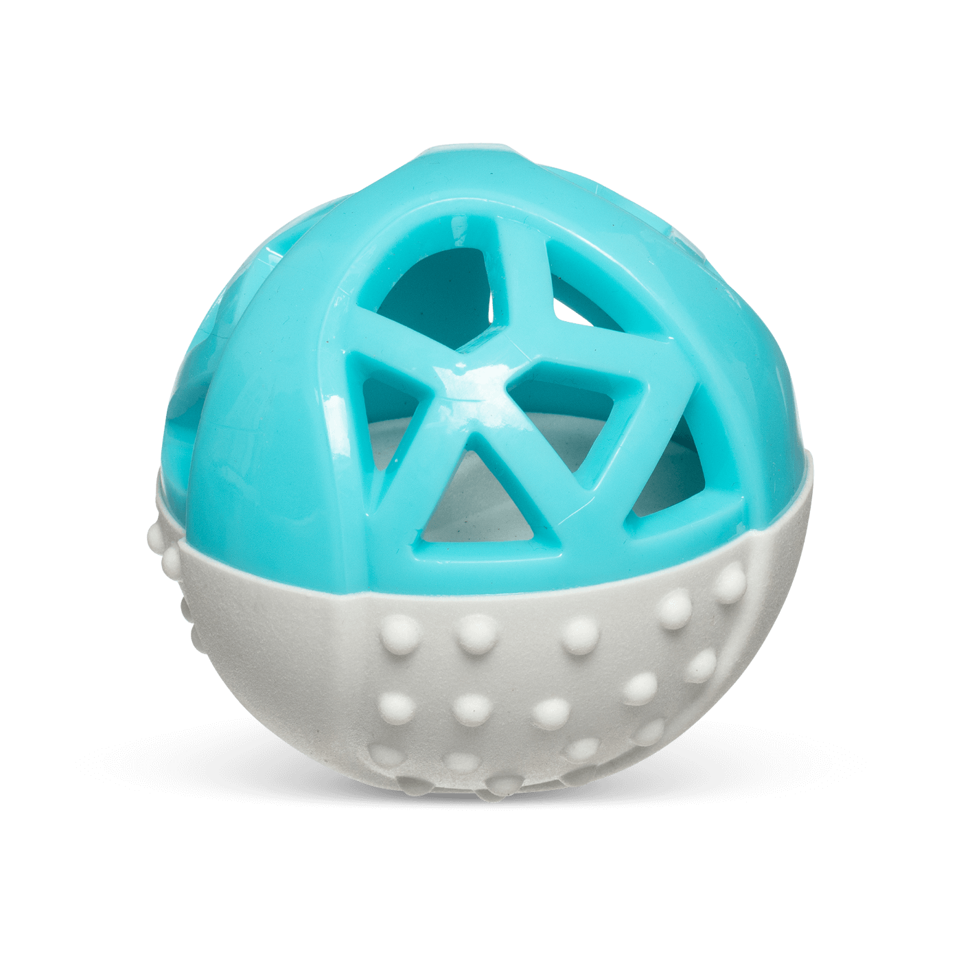 Teal and grey dog toy ball.  Built in squeaker for engaging dog play. 
