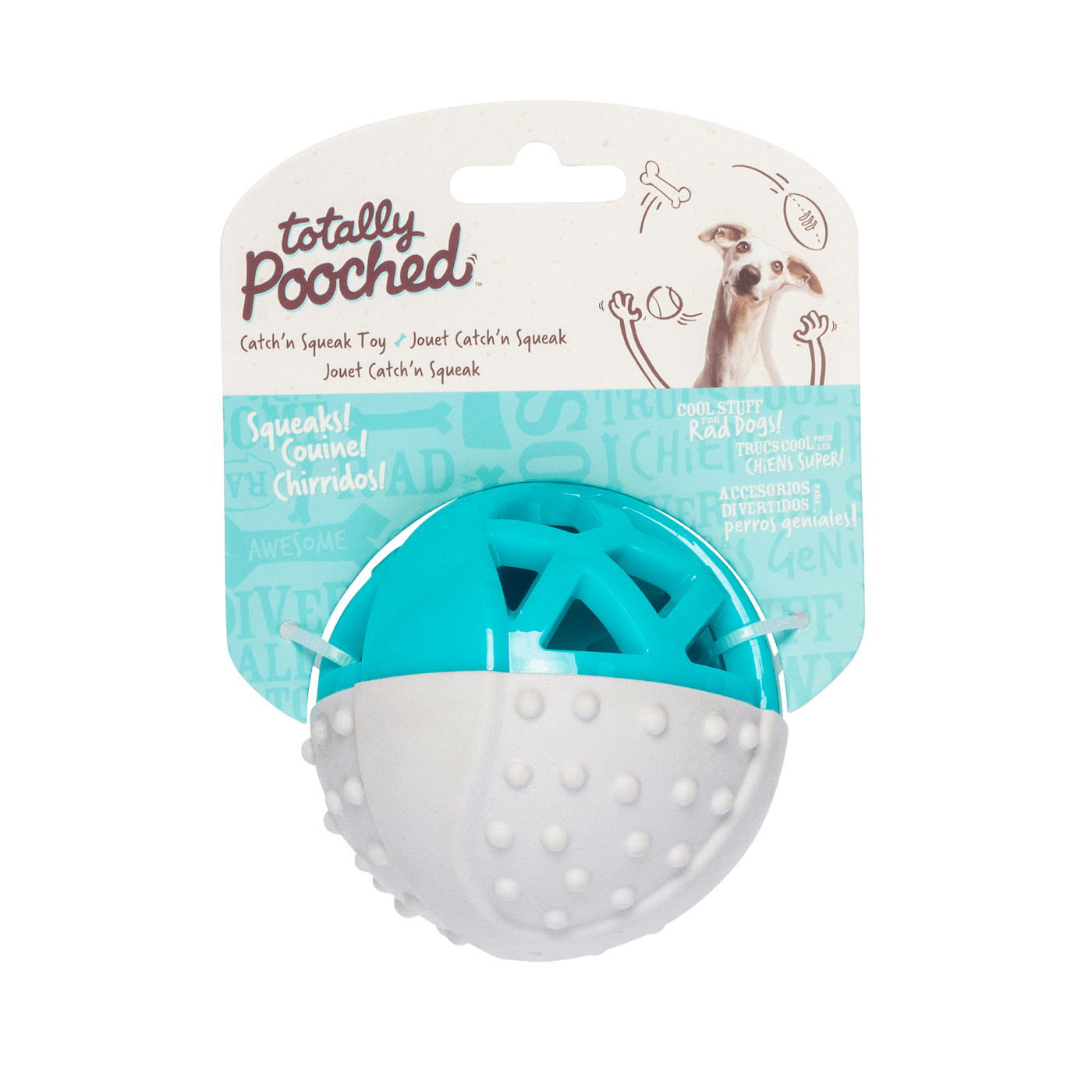 Durable dog toy ball.  3.5 inches.  It floats and promotes interactive play. 