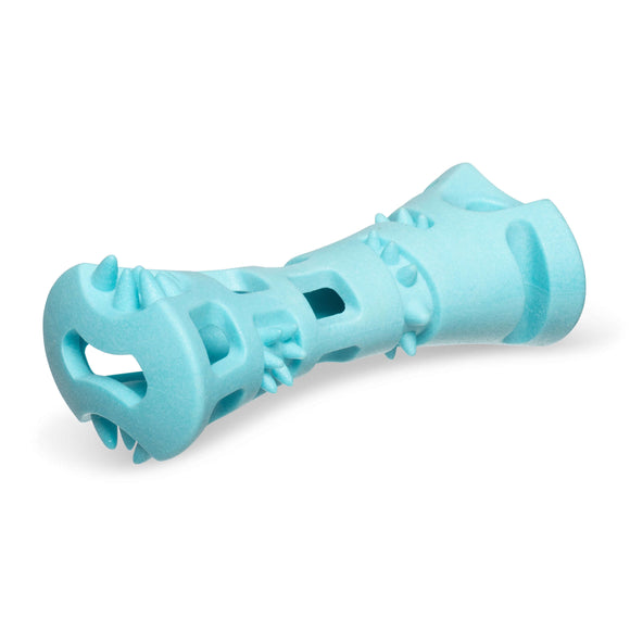 Teal bone shape dog toy.  Durable soft material.  Great for stuffing dog treats. 