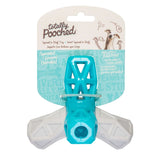 Teal dog toy with built in squeaker for interactive play.  Soft texture yet durable.