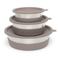 Air tight lids fit on all our dog bowls for dog food storage. Stackable dog bowls. 