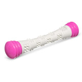 Pink and grey  12 inch stick for dogs.  Built in squeakers and nubs to promote dental cleaning.  