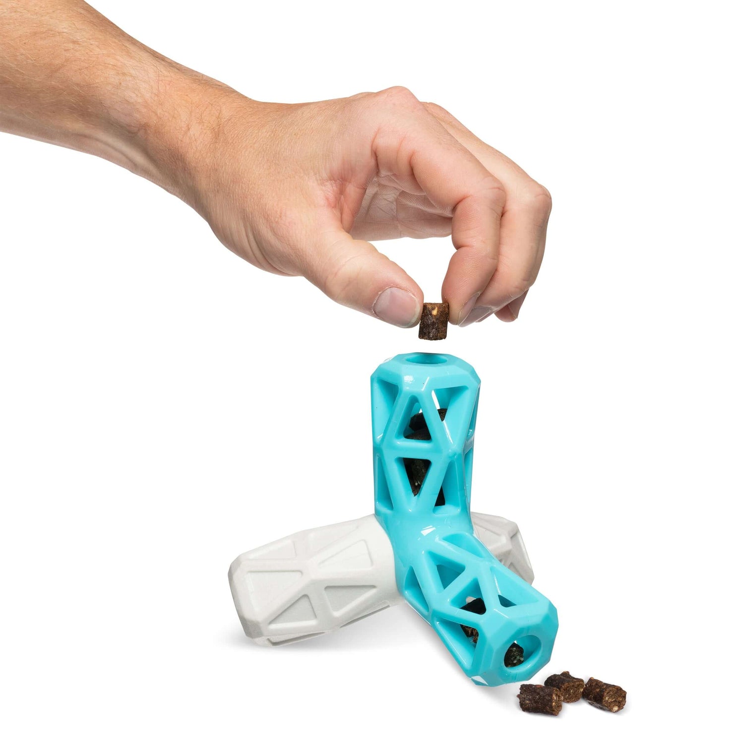 Teal pyra==mid dog toy that is great for throwing or just promoting healthy chewing habits. 